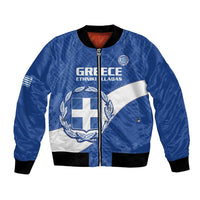 Blue bomber jacket with front zipper, Greek flag graphic and crest, black rib trim