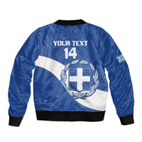Blue bomber jacket back with YOUR TEXT 14, Greek crest and flag panel, black rib hem