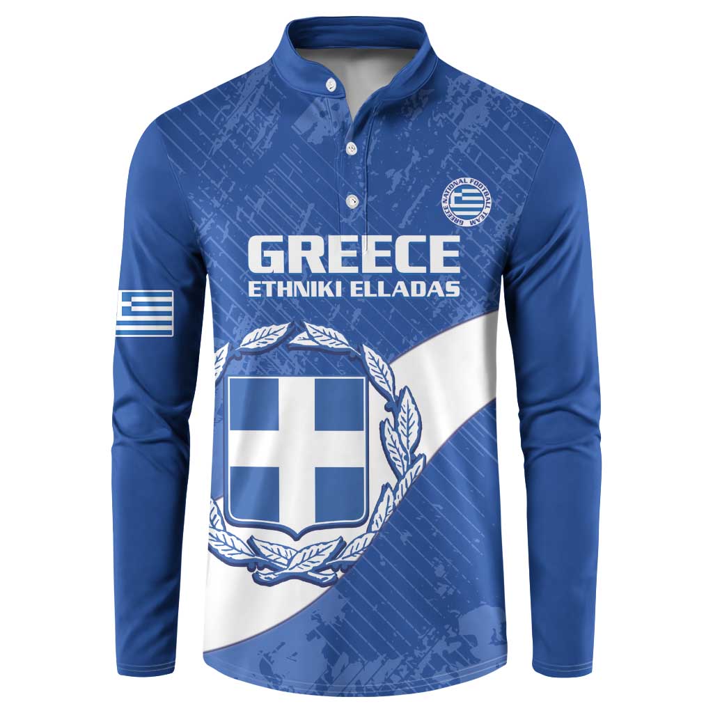 Blue football sweatshirt with button placket, Greece crest, and diagonal flag graphic