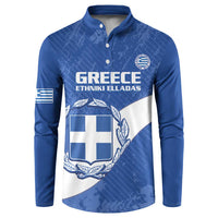 Blue football sweatshirt with button placket, Greece crest, and diagonal flag graphic