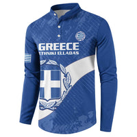 Blue button-up football sweatshirt with Greece crest, diagonal Greek flag, and sleeve badge