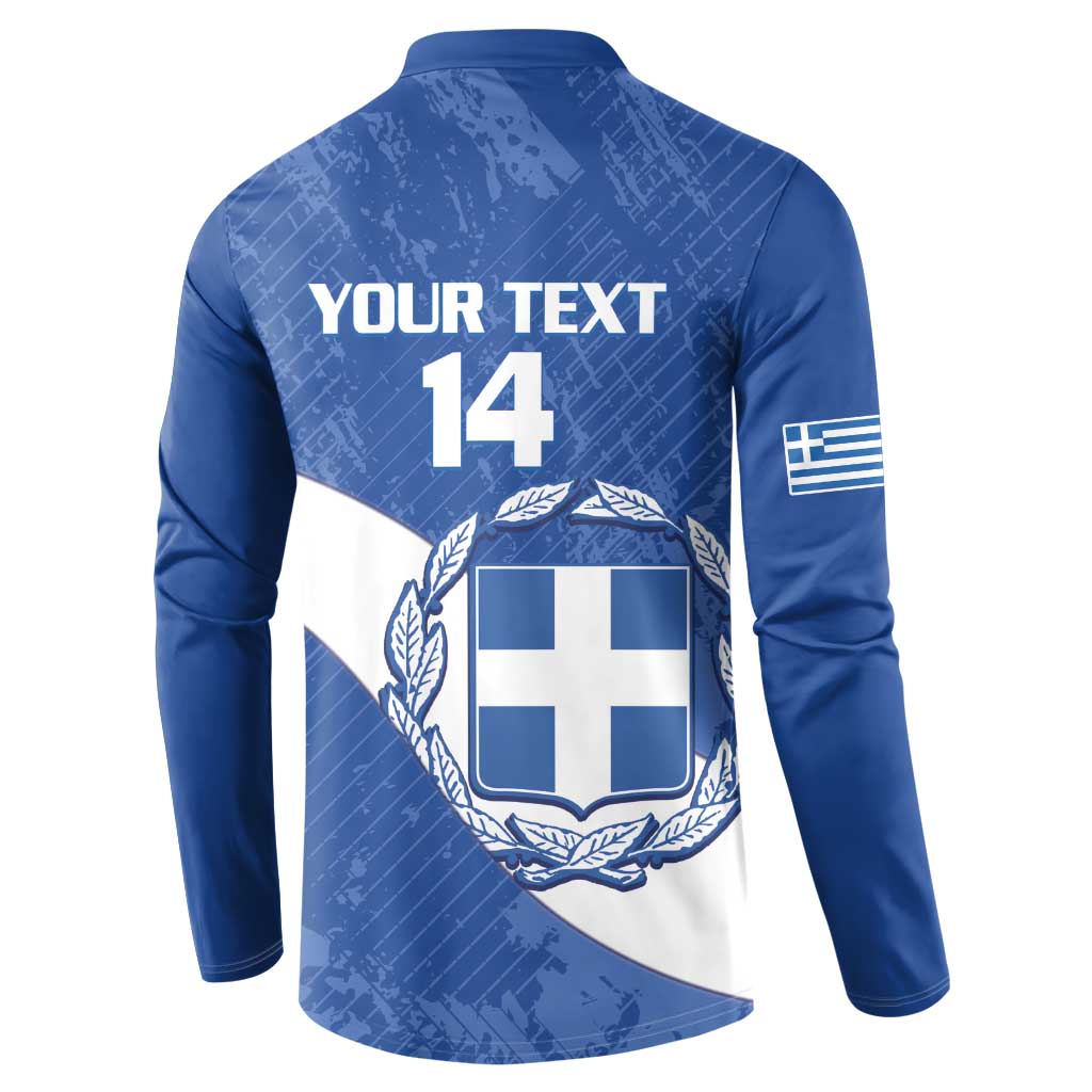 Blue football sweatshirt back with 'YOUR TEXT', number 14, crest, and diagonal flag