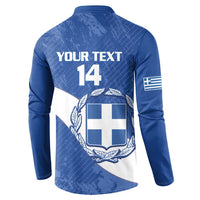 Blue football sweatshirt back with 'YOUR TEXT', number 14, crest, and diagonal flag