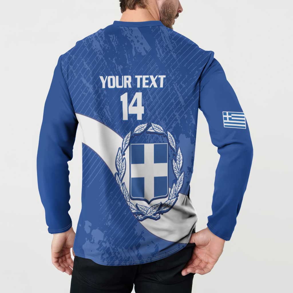 Blue football sweatshirt back with 'YOUR TEXT' 14 and Greece crest, plus sleeve flag patch