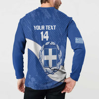 Blue football sweatshirt back with 'YOUR TEXT' 14 and Greece crest, plus sleeve flag patch