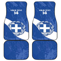 Blue Greece-themed car mat set with four pieces showing emblem and "YOUR TEXT 14"