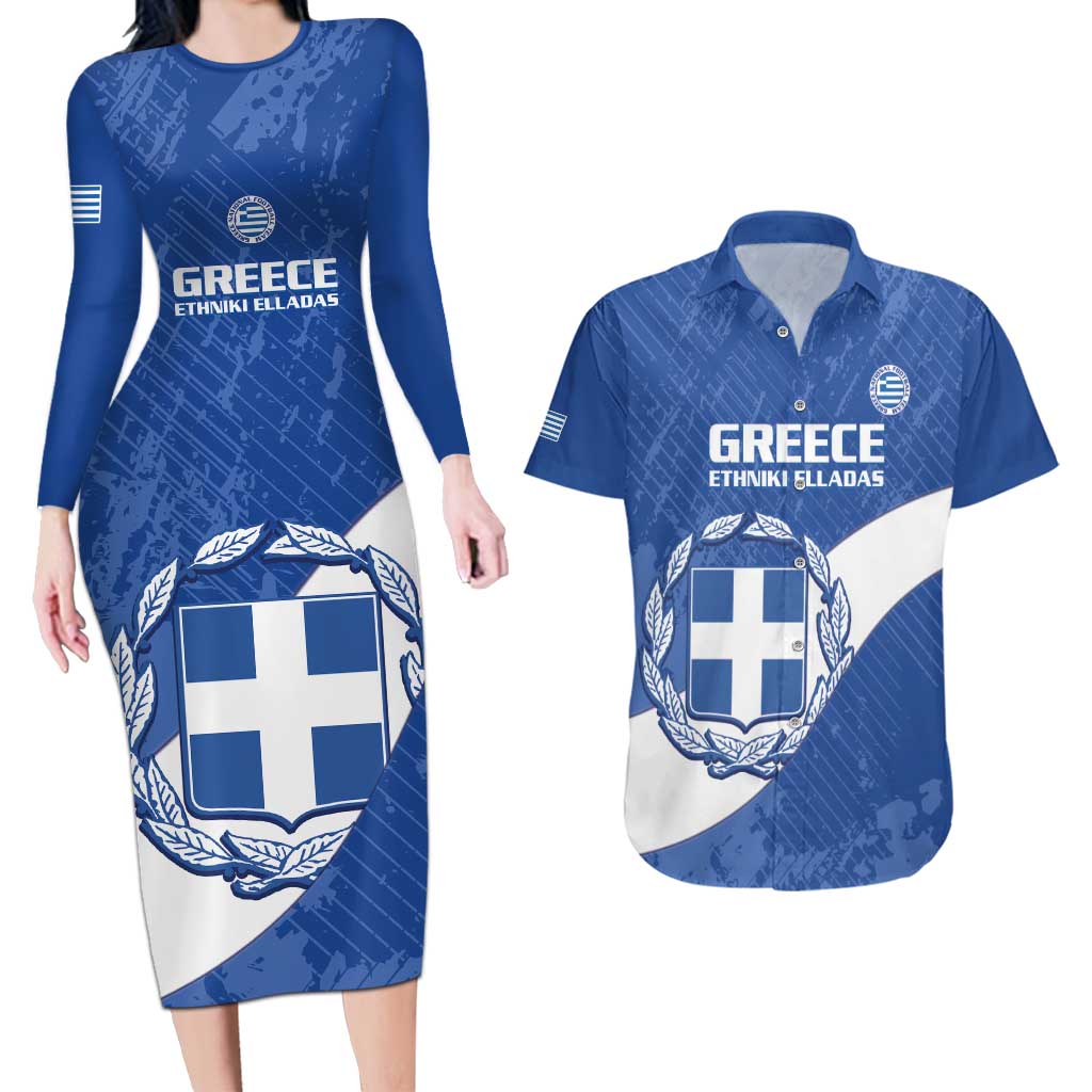 Custom Greece Football Couples Matching Long Sleeve Bodycon Dress and Hawaiian Shirt Ethniki Elladas - Blue Version - Wonder Print Shop