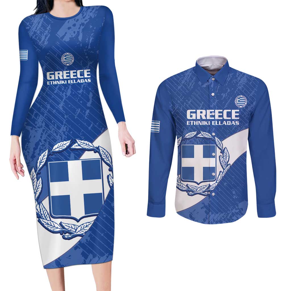 Custom Greece Football Couples Matching Long Sleeve Bodycon Dress and Long Sleeve Button Shirt Ethniki Elladas - Blue Version - Wonder Print Shop