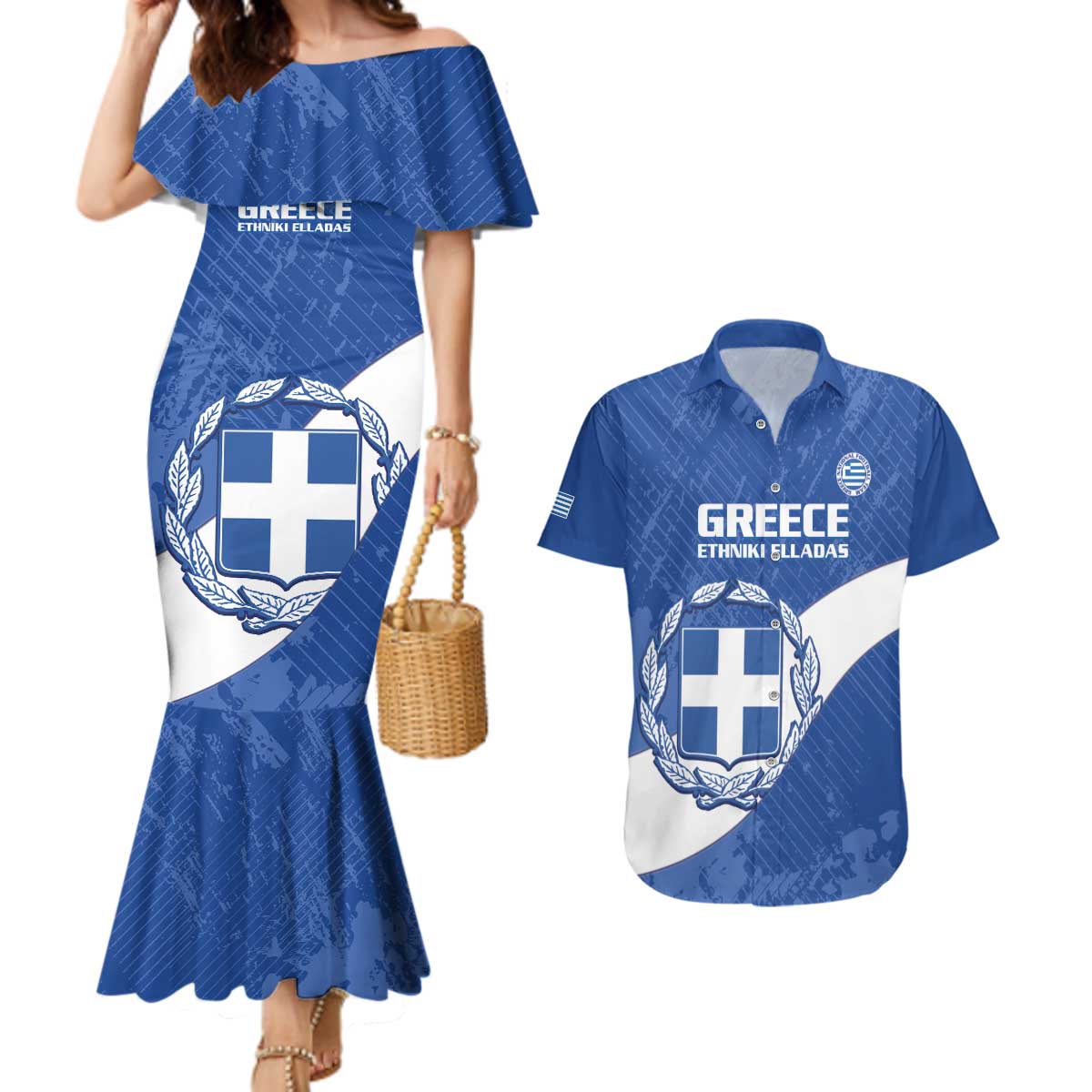 Custom Greece Football Couples Matching Mermaid Dress and Hawaiian Shirt Ethniki Elladas - Blue Version - Wonder Print Shop