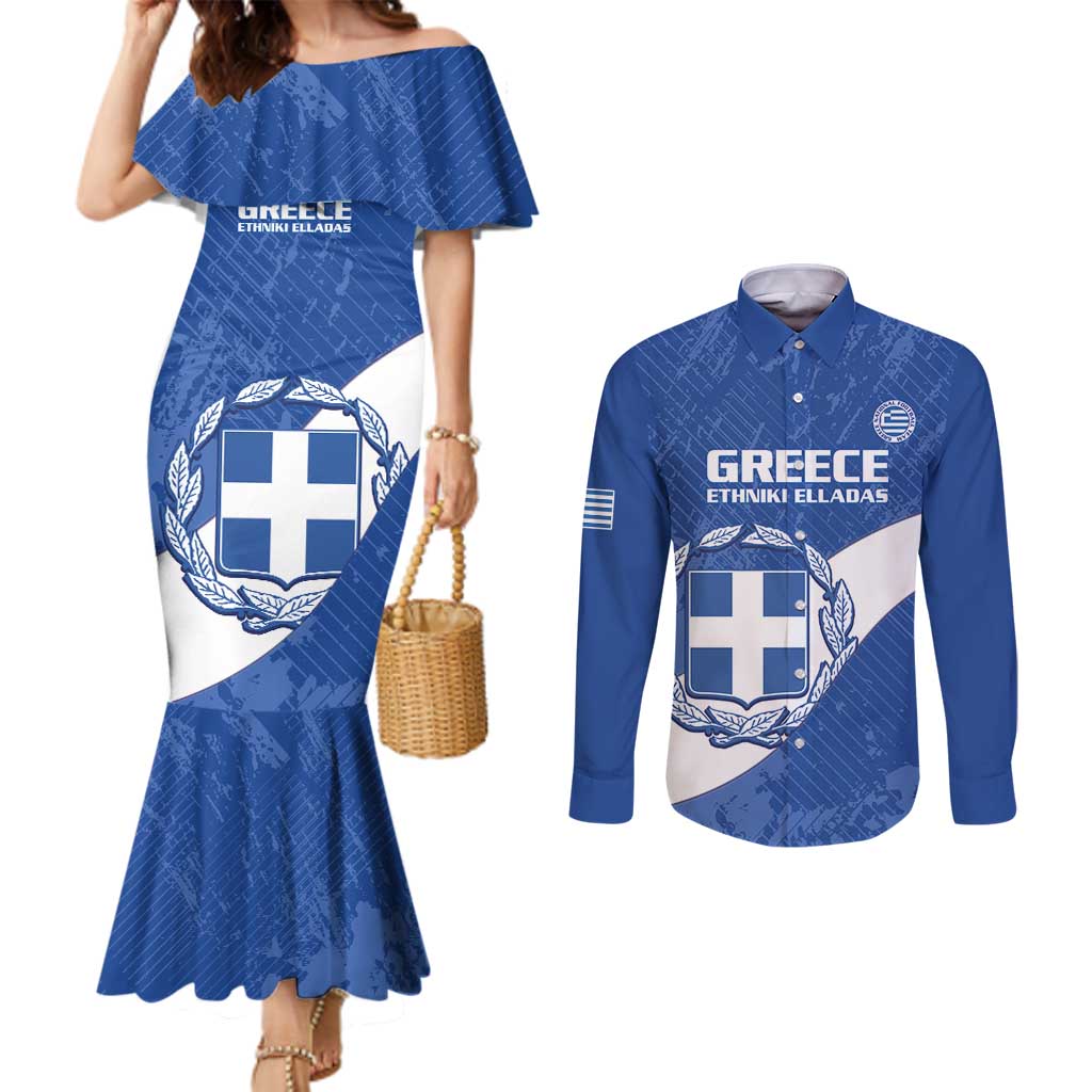 Custom Greece Football Couples Matching Mermaid Dress and Long Sleeve Button Shirt Ethniki Elladas - Blue Version