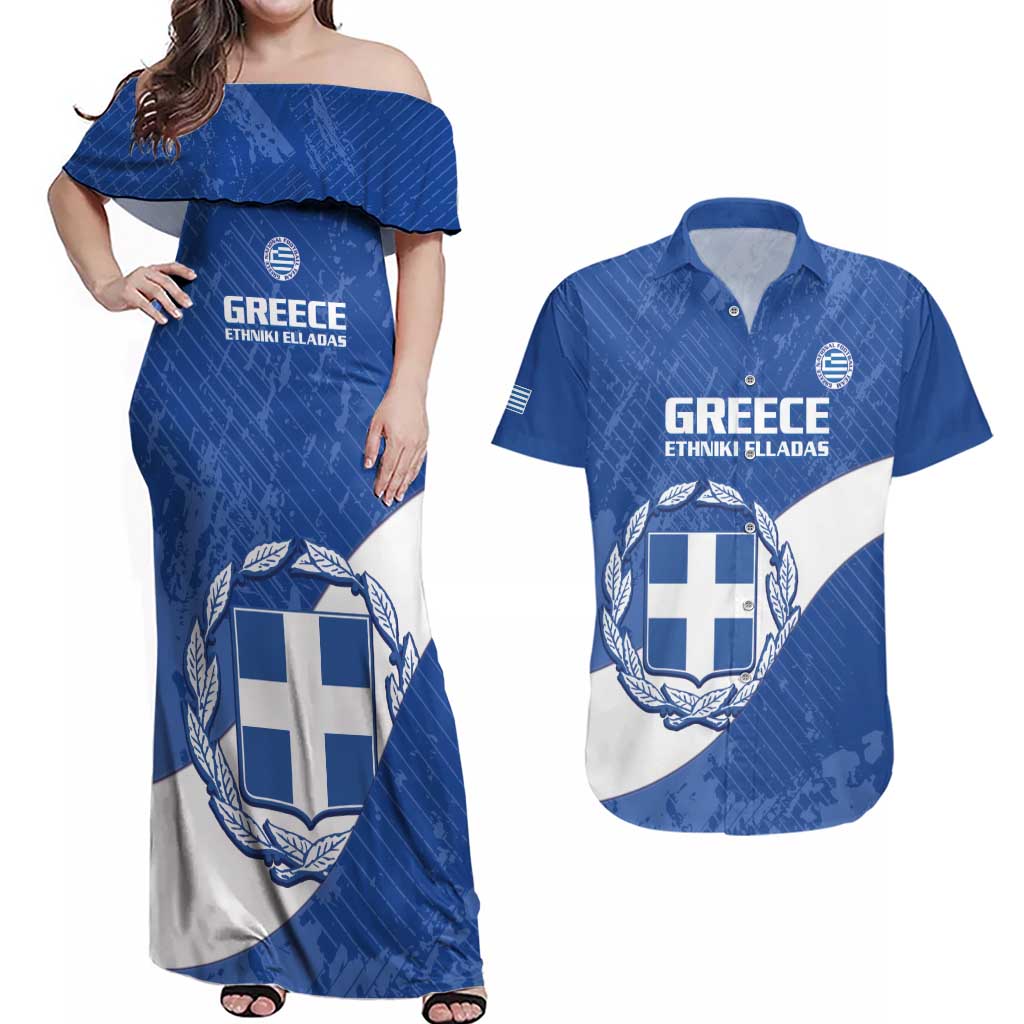 Custom Greece Football Couples Matching Off Shoulder Maxi Dress and Hawaiian Shirt Ethniki Elladas - Blue Version - Wonder Print Shop