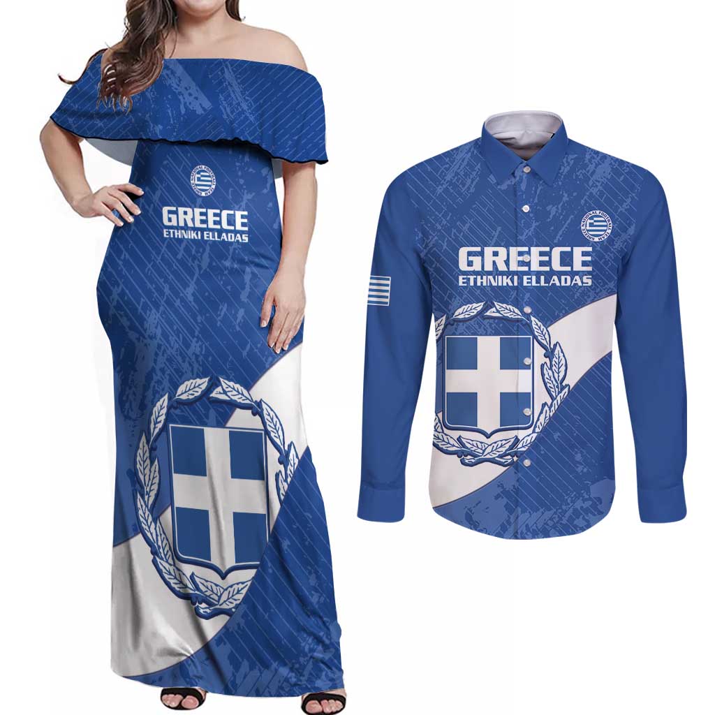 Custom Greece Football Couples Matching Off Shoulder Maxi Dress and Long Sleeve Button Shirt Ethniki Elladas - Blue Version - Wonder Print Shop