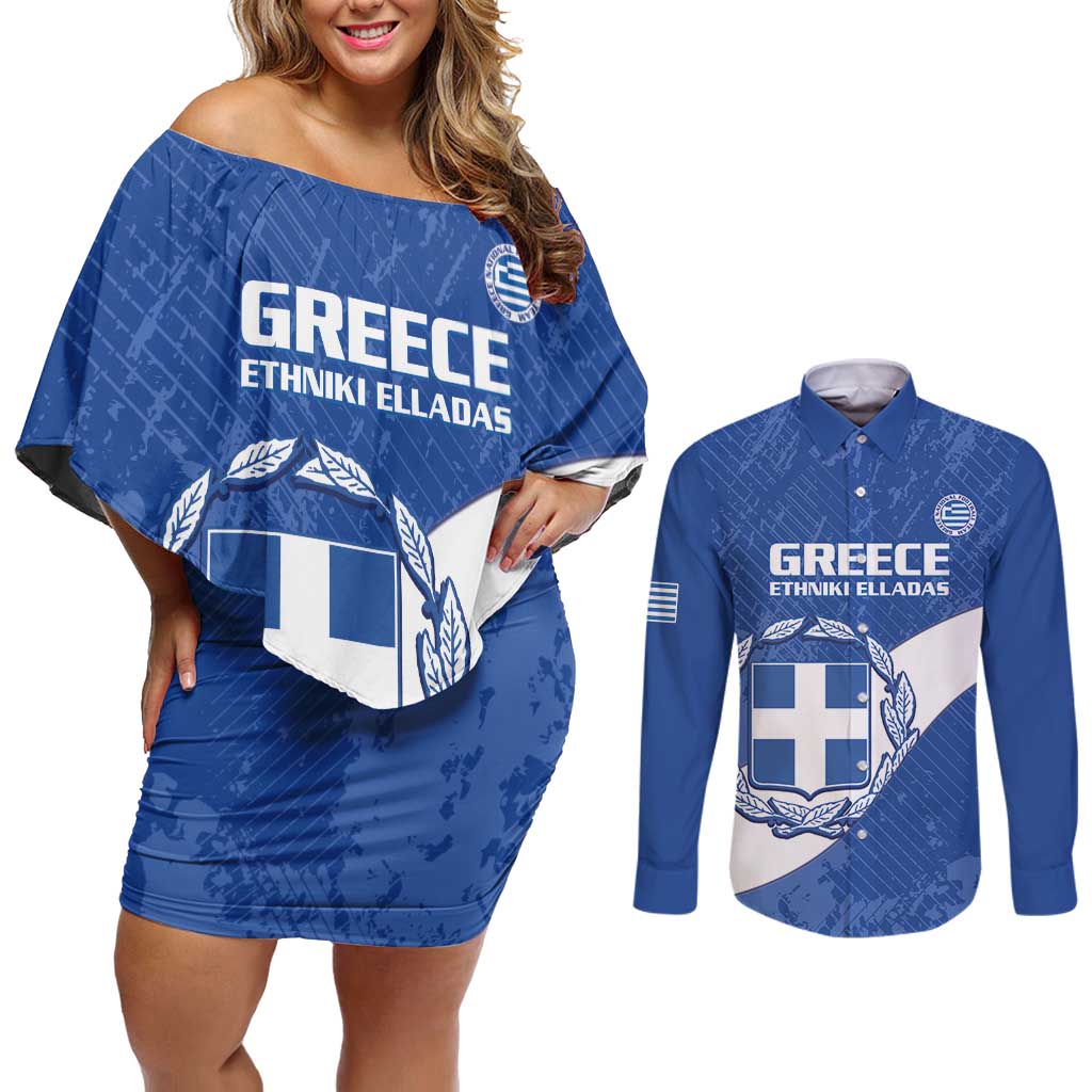 Custom Greece Football Couples Matching Off Shoulder Short Dress and Long Sleeve Button Shirt Ethniki Elladas - Blue Version - Wonder Print Shop