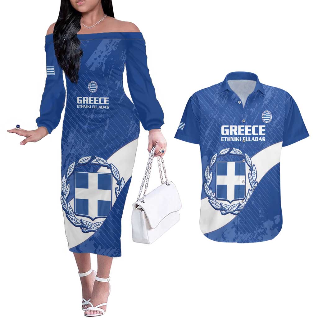 Custom Greece Football Couples Matching Off The Shoulder Long Sleeve Dress and Hawaiian Shirt Ethniki Elladas - Blue Version - Wonder Print Shop