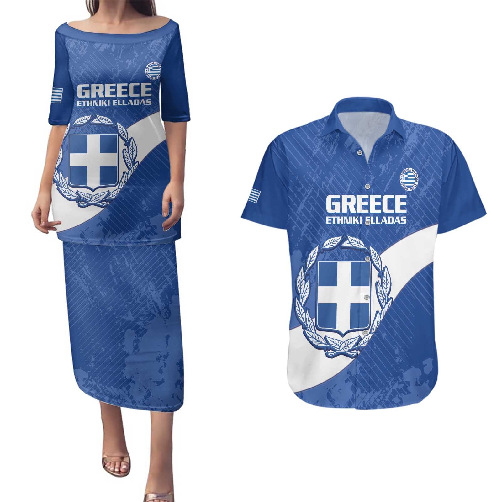 Custom Greece Football Couples Matching Puletasi and Hawaiian Shirt Ethniki Elladas - Blue Version - Wonder Print Shop