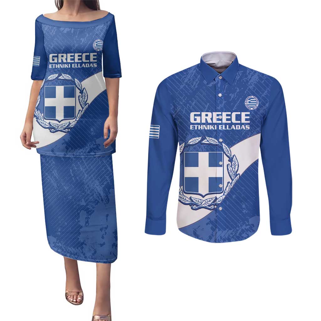 Custom Greece Football Couples Matching Puletasi and Long Sleeve Button Shirt Ethniki Elladas - Blue Version - Wonder Print Shop