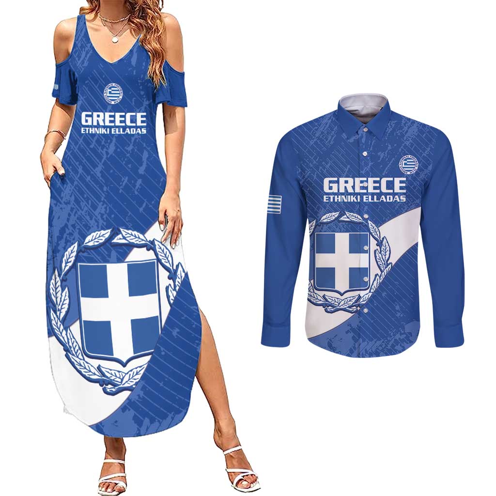 Custom Greece Football Couples Matching Summer Maxi Dress and Long Sleeve Button Shirt Ethniki Elladas - Blue Version - Wonder Print Shop