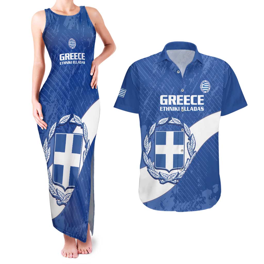 Custom Greece Football Couples Matching Tank Maxi Dress and Hawaiian Shirt Ethniki Elladas - Blue Version - Wonder Print Shop