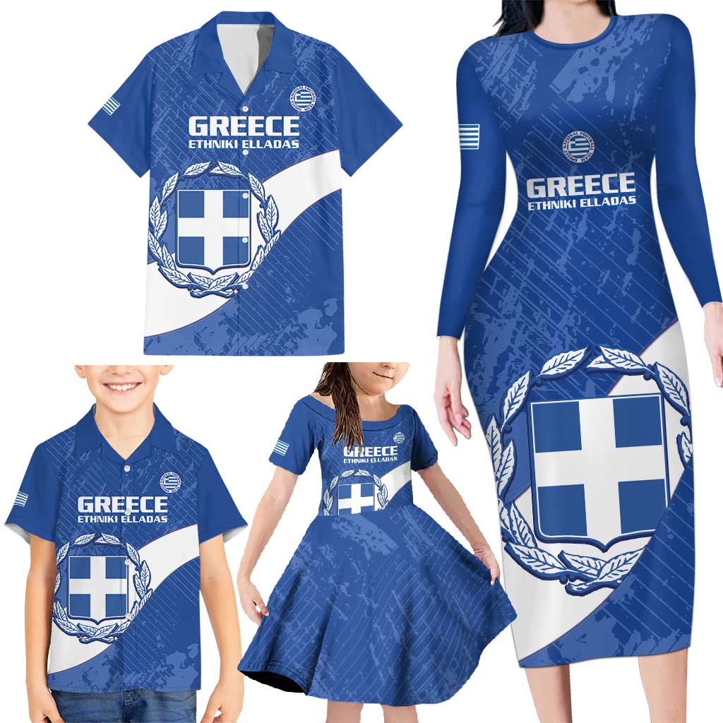 Custom Greece Football Family Matching Long Sleeve Bodycon Dress and Hawaiian Shirt Ethniki Elladas - Blue Version - Wonder Print Shop