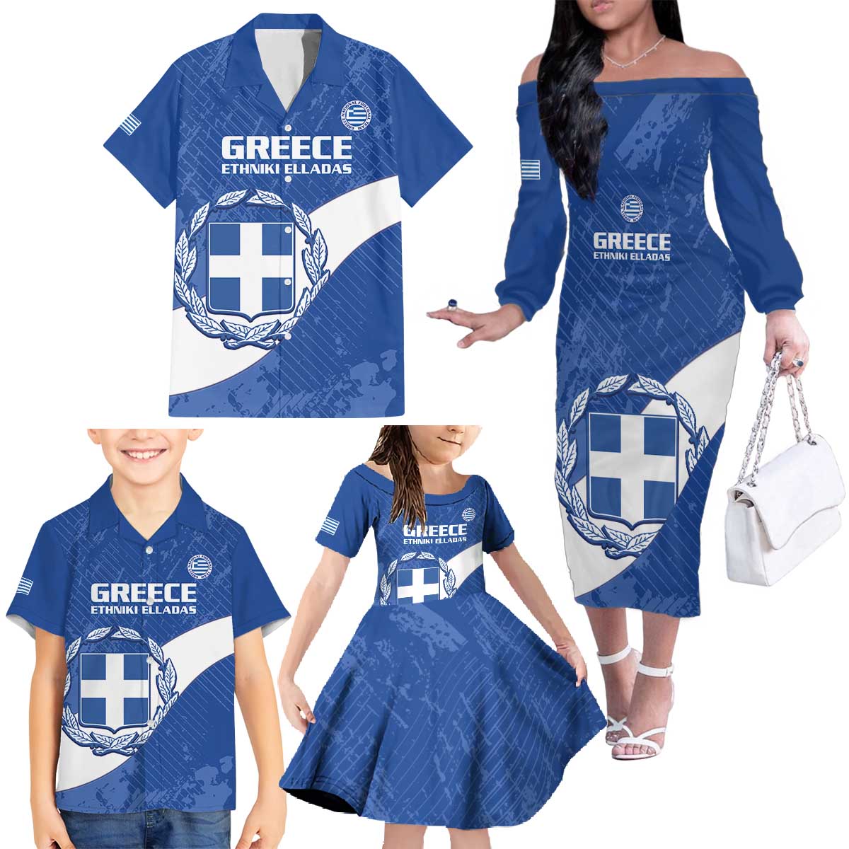 Custom Greece Football Family Matching Off The Shoulder Long Sleeve Dress and Hawaiian Shirt Ethniki Elladas - Blue Version - Wonder Print Shop