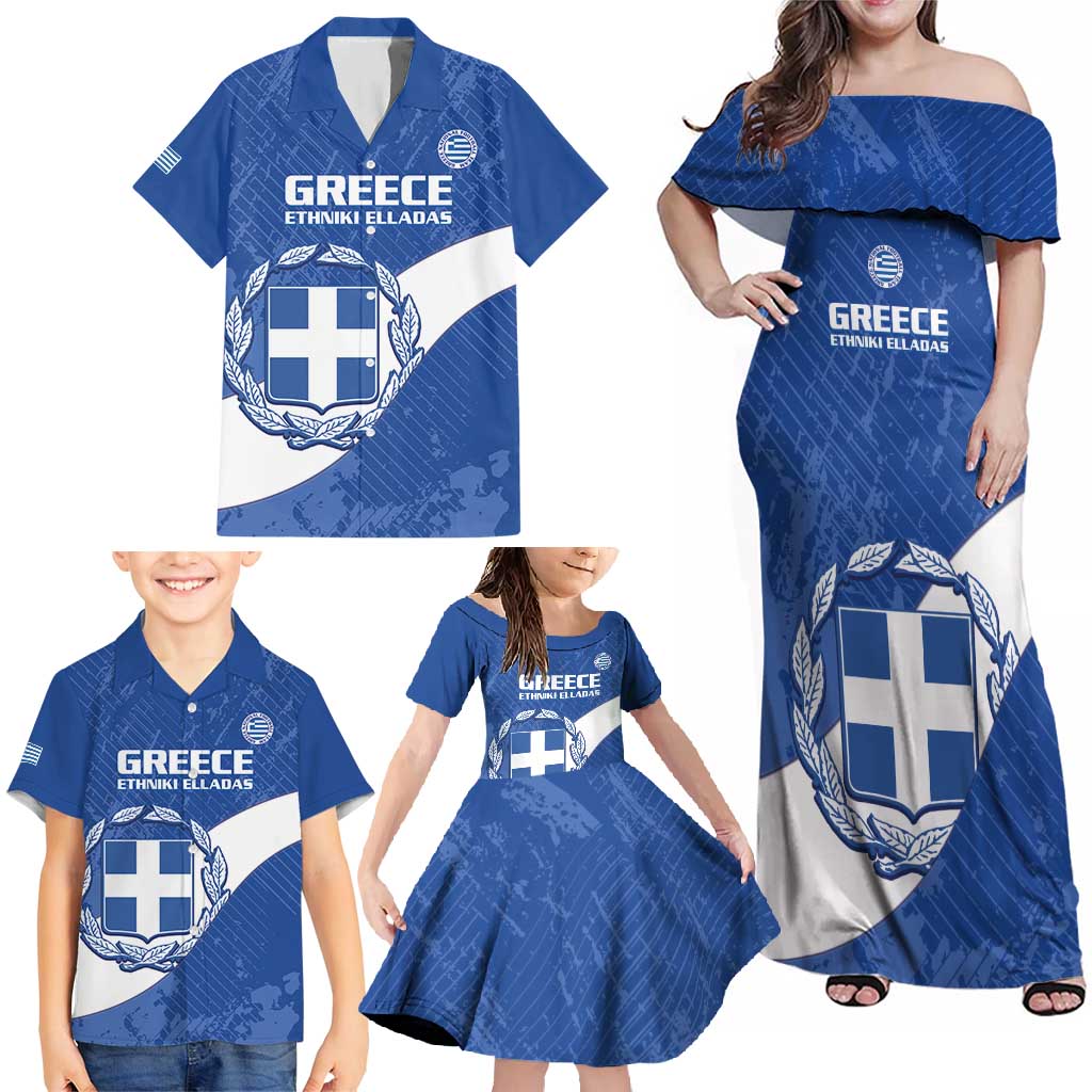 Custom Greece Football Family Matching Off Shoulder Maxi Dress and Hawaiian Shirt Ethniki Elladas - Blue Version - Wonder Print Shop