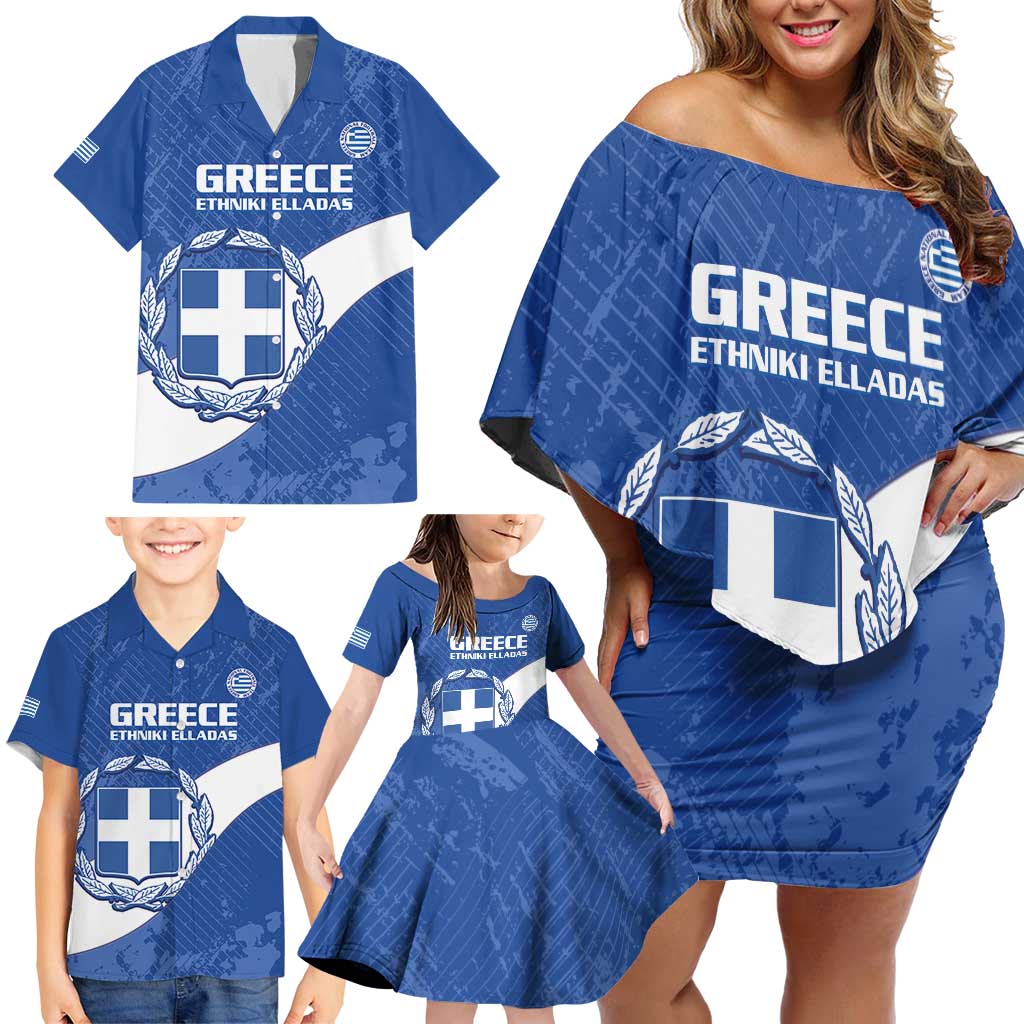 Custom Greece Football Family Matching Off Shoulder Short Dress and Hawaiian Shirt Ethniki Elladas - Blue Version - Wonder Print Shop