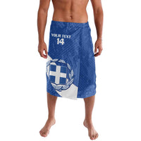Blue Greece football lavalava shorts with elastic waist, number 14, and crest graphic