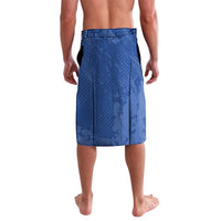 Blue Greece football lavalava shorts with elastic waistband and slit hem at sides