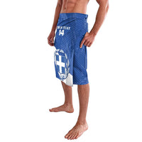 Blue Greece football lavalava shorts with Greece shield and banner graphic on side