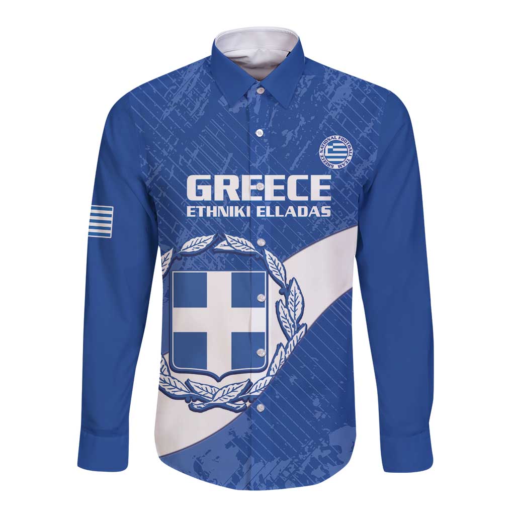 Blue long-sleeve football button shirt with Greece crest and Ethniki Elladas text