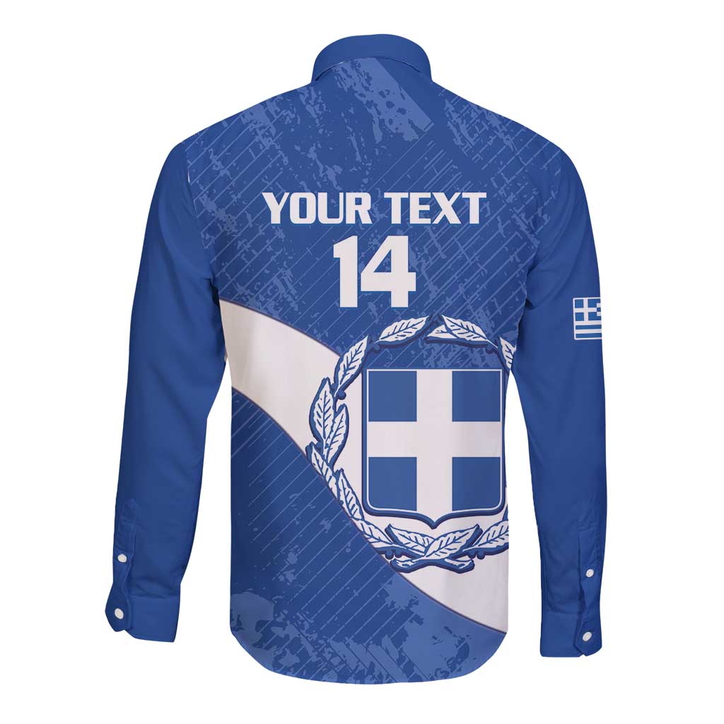Blue long-sleeve football button shirt back with 'YOUR TEXT' and number 14 crest