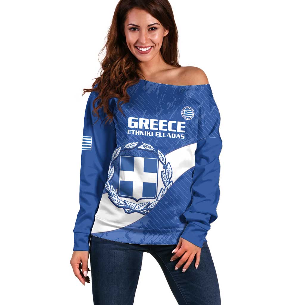 Custom Greece Football Off Shoulder Sweater Ethniki Elladas - Blue Version