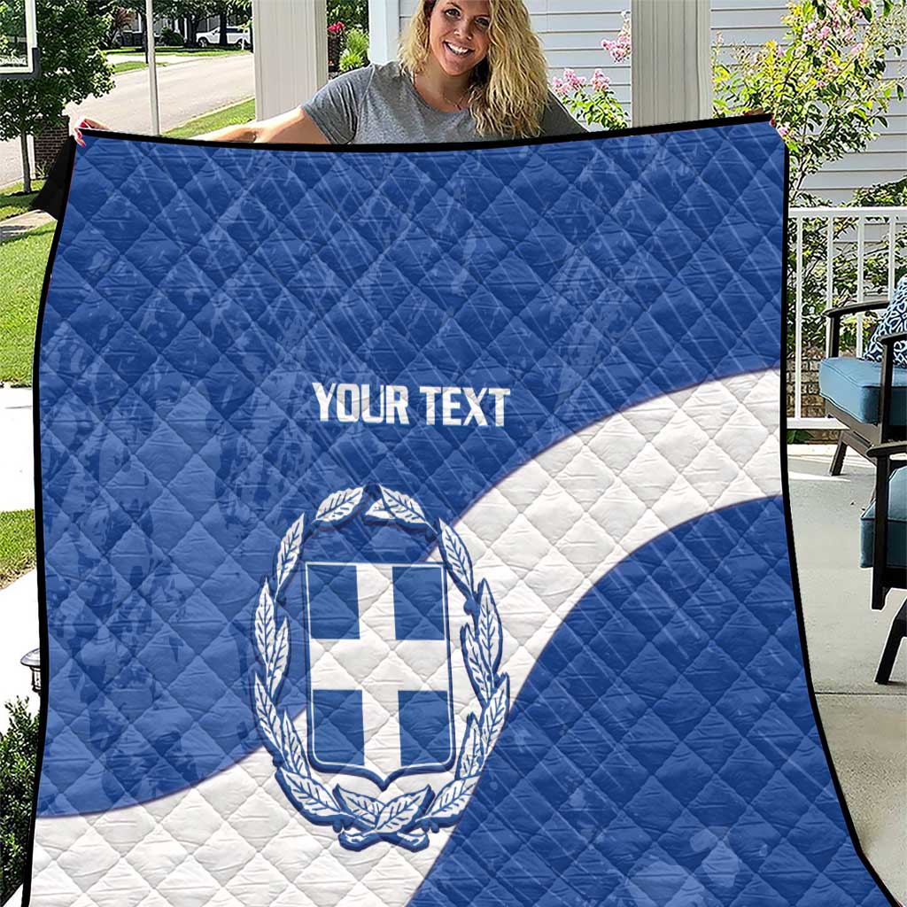 Blue Greece flag style quilt with crest and 'YOUR TEXT' on white-and-blue quilted panels