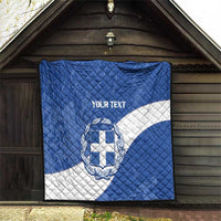 Blue quilt blanket featuring Greece crest and 'YOUR TEXT' with curved white stripe