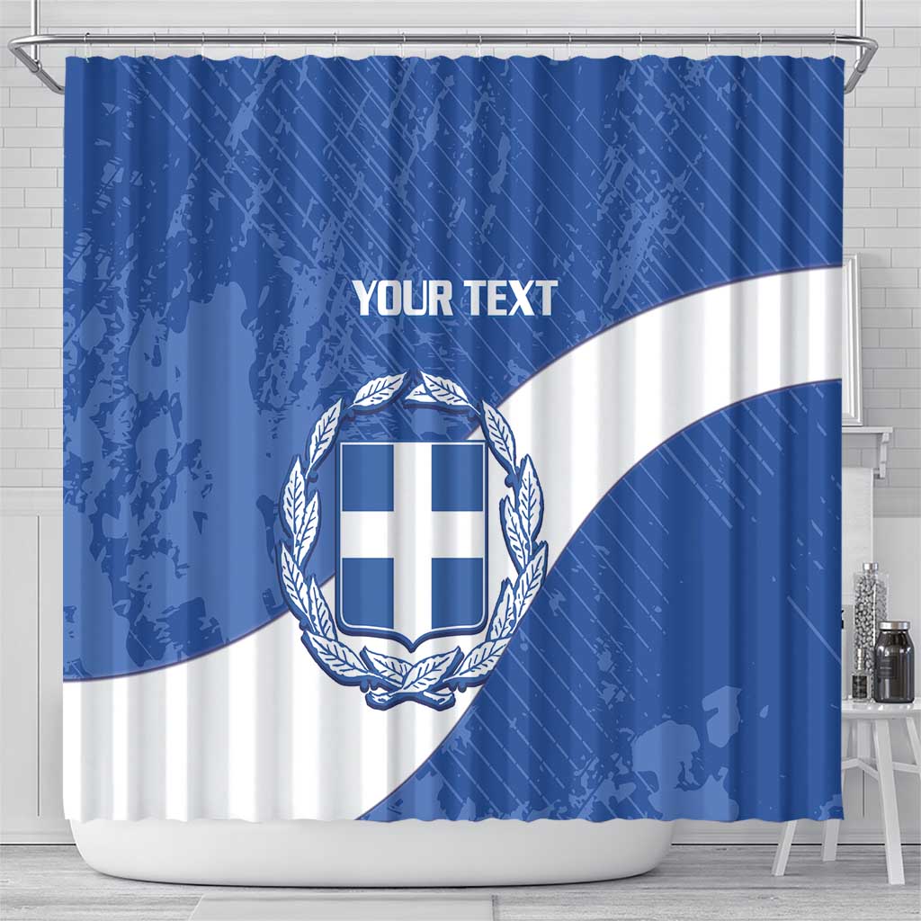 Blue and white Greece shower curtain with central crest shield, laurel, and YOUR TEXT