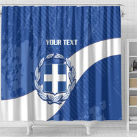 Blue and white Greece shower curtain panel with crest shield emblem and YOUR TEXT