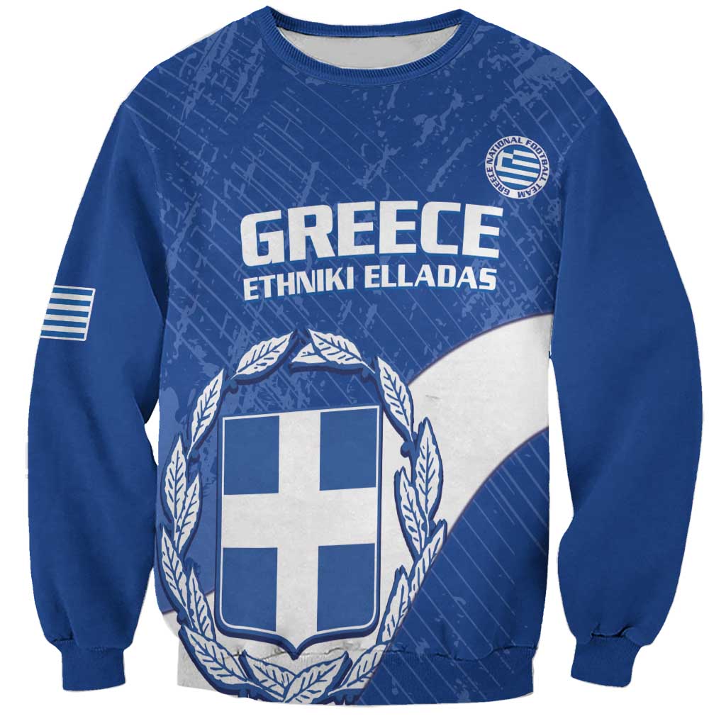 Blue Greece football sweatshirt with large front crest graphic and long sleeves