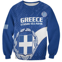 Blue Greece football sweatshirt with large front crest graphic and long sleeves