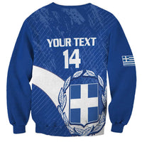 Blue football sweatshirt with back 'YOUR TEXT' 14 and crest graphic