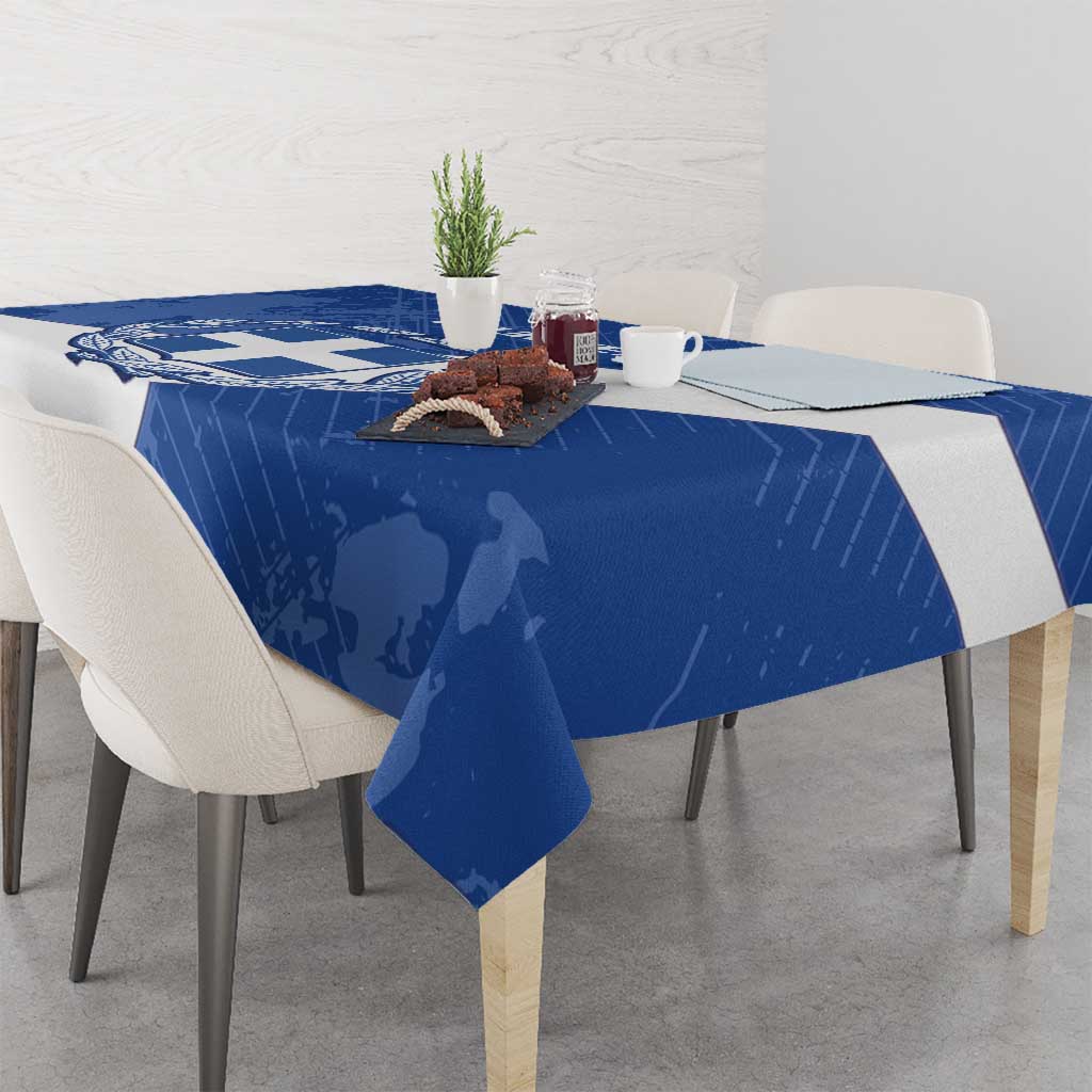Blue football tablecloth with overhanging corners on dining table