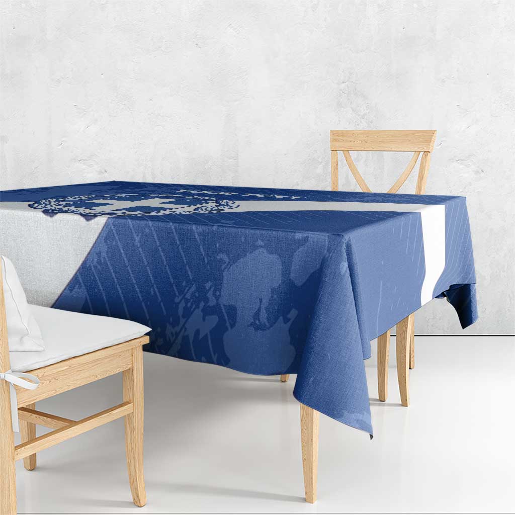 Blue football tablecloth with crest panel and hanging table edge