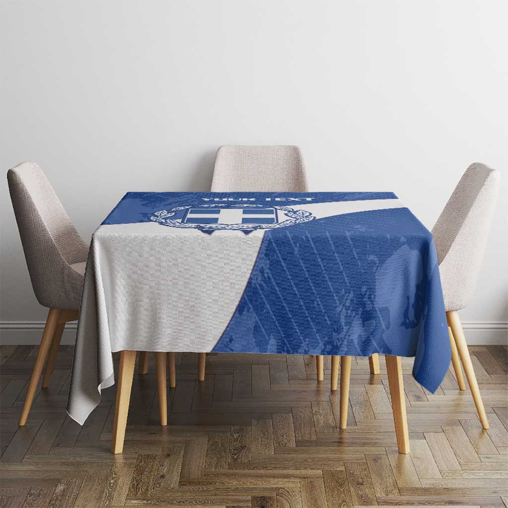 Blue football tablecloth on square table with crest design
