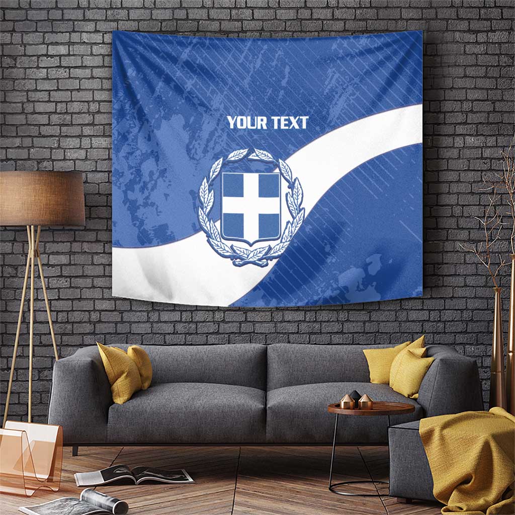 Blue Greece football tapestry with crest, laurel, and YOUR TEXT banner