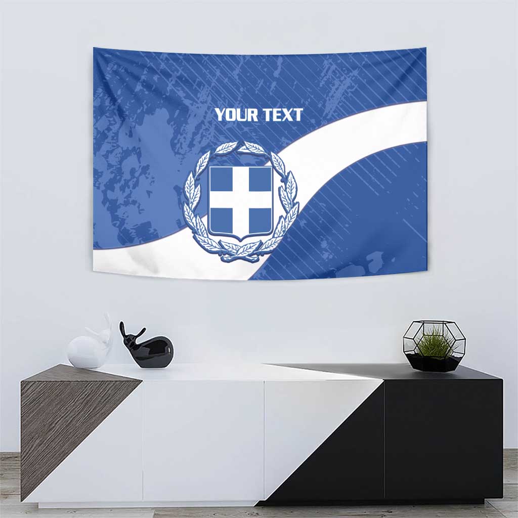 Blue football tapestry with crest and laurel emblem, plus YOUR TEXT