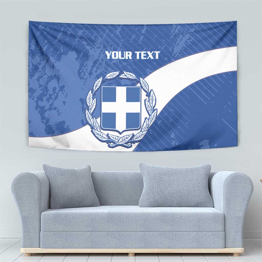 Wall-hanging blue and white Greece football tapestry with crest and YOUR TEXT