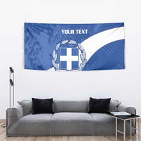 Blue and white Greece football tapestry featuring crest, laurel, and YOUR TEXT