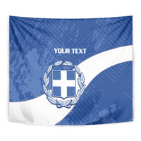Blue and white Greece football tapestry close-up with crest and YOUR TEXT