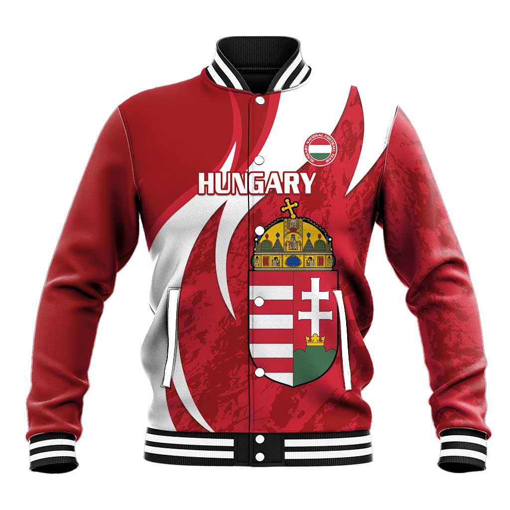 Red and white baseball jacket with striped ribbed collar, Hungary emblem on front