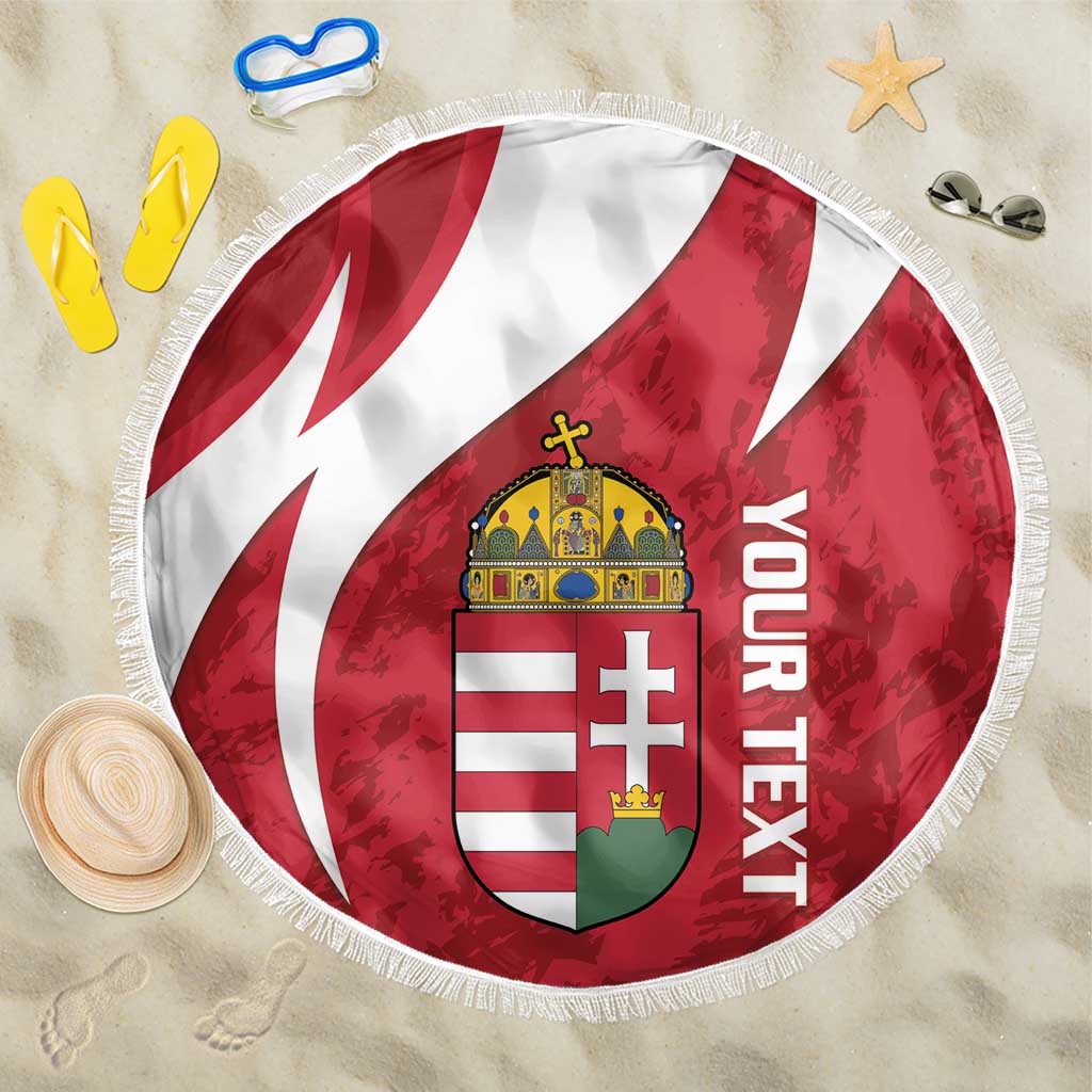 Round beach blanket with fringe, red and white Hungary crest with curved stripes