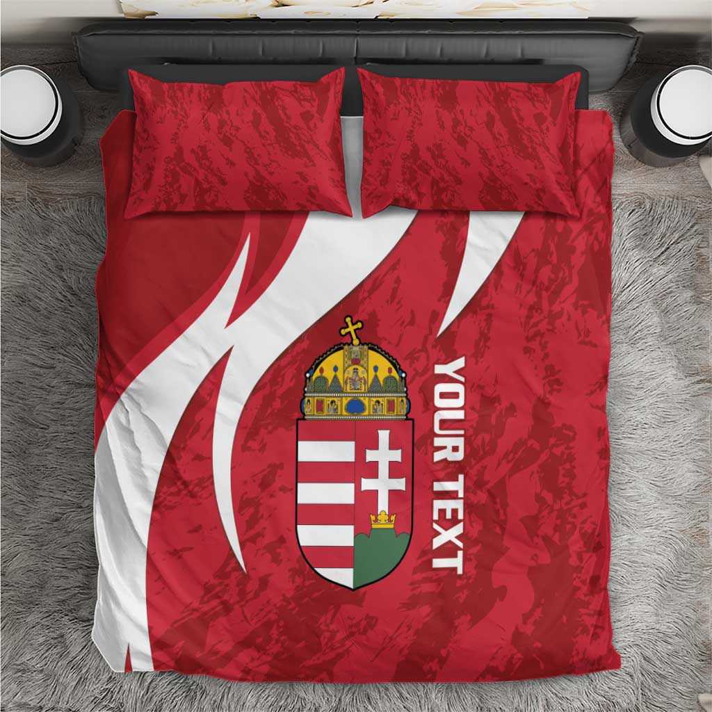 Red and white bedding set with Hungary crest, football swoosh design, two matching pillowcases